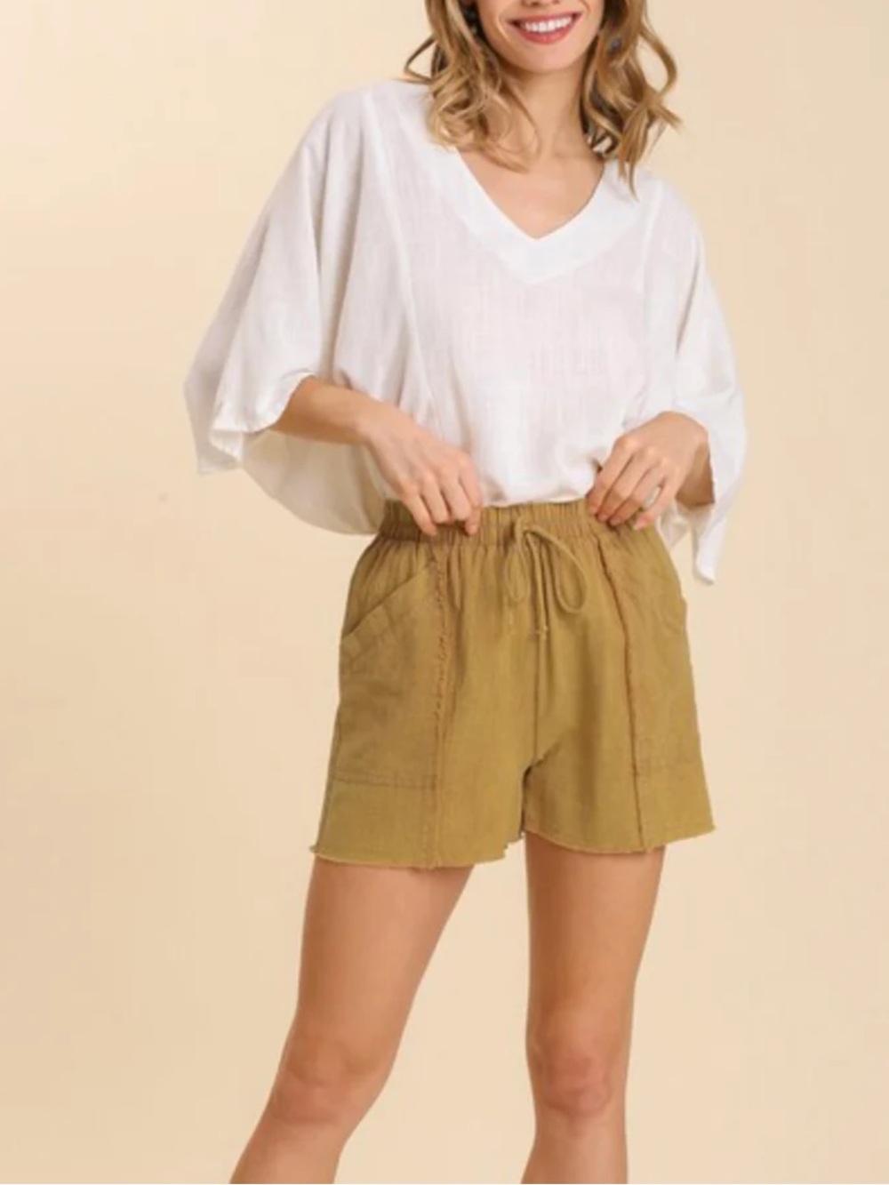 Umgee Curry Mineral Washed Drawstring High Waist Frayed Hem Women's Shorts M
